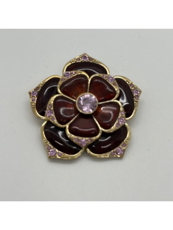 Vintage Liz Claiborne Brooch Burgundy Rose Pink Rhinestones Gold Tone Floral - Picture 2 of 11